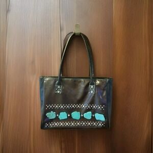 Large Country Road Faux Leather Brown Shoulder Bag Purse Rhinestone Turquoise